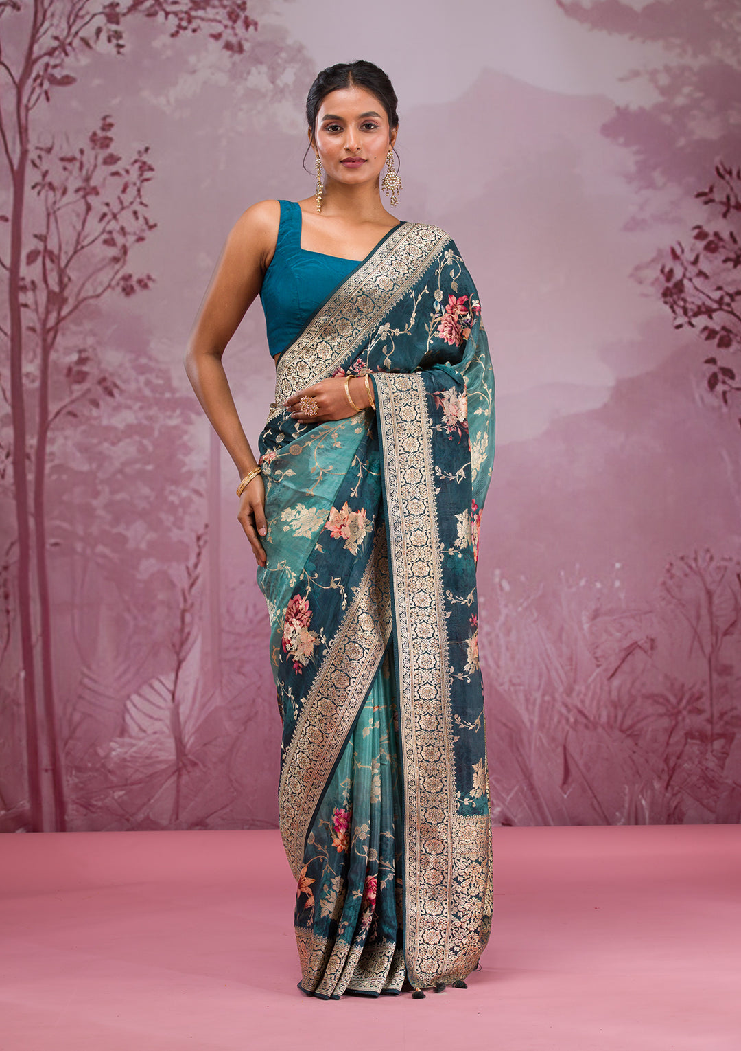 Rama Green Printed Georgette Saree
