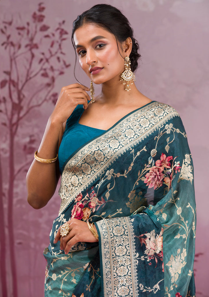 Rama Green Printed Georgette Saree
