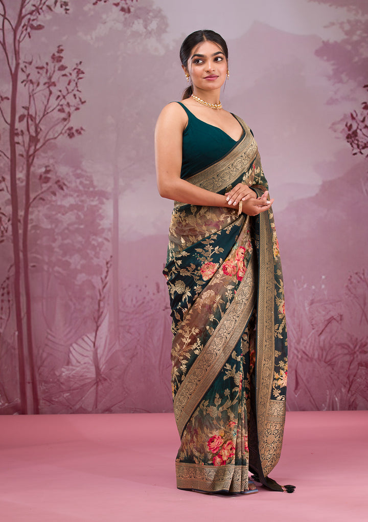 Rama Green Printed Georgette Saree