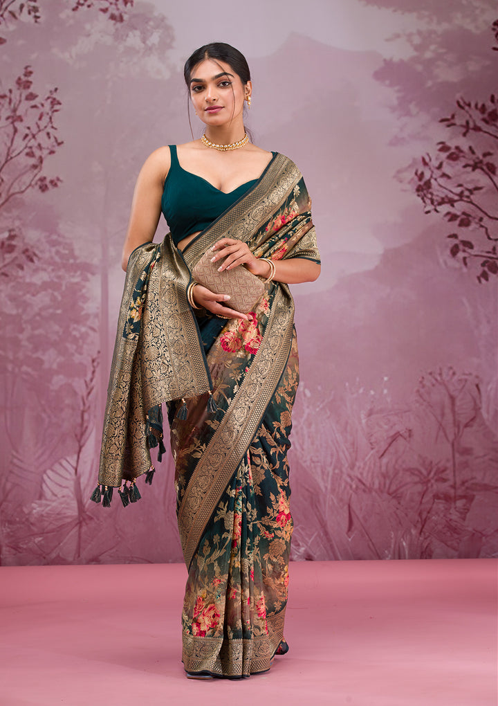 Rama Green Printed Georgette Saree