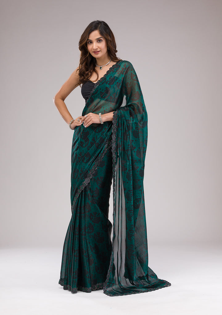 Rama Green Printed Organza Saree