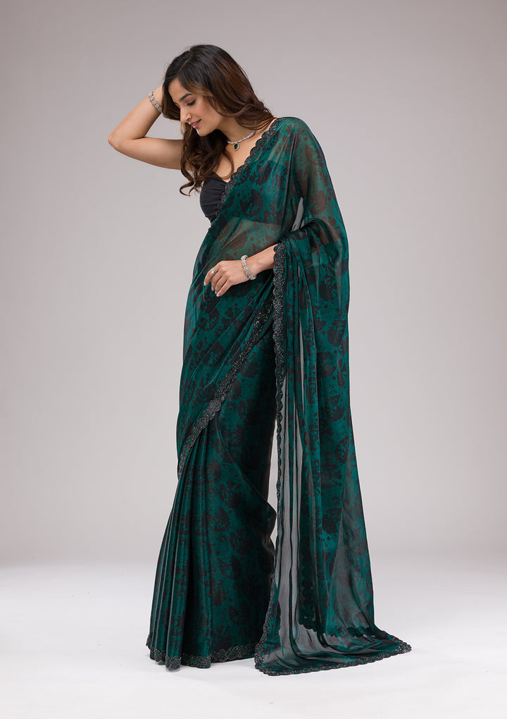 Rama Green Printed Organza Saree