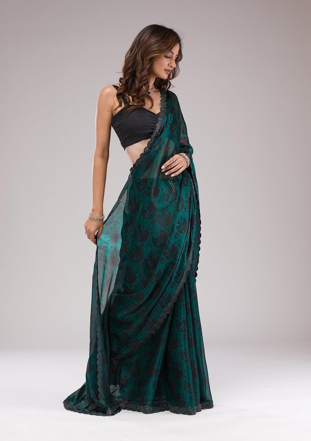 Rama Green Printed Organza Saree