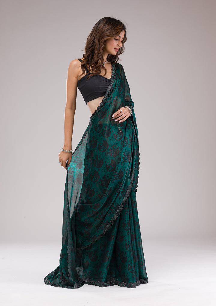 Rama Green Printed Organza Saree