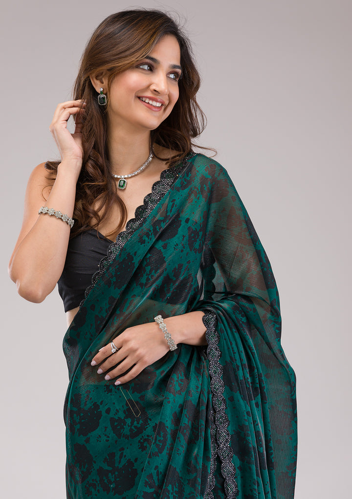 Rama Green Printed Organza Saree