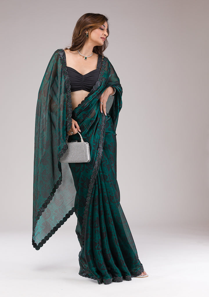 Rama Green Printed Organza Saree