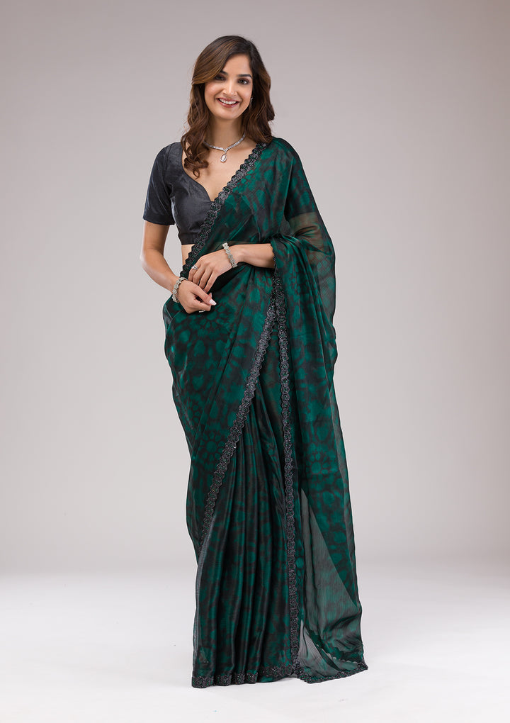 Rama Green Printed Organza Saree