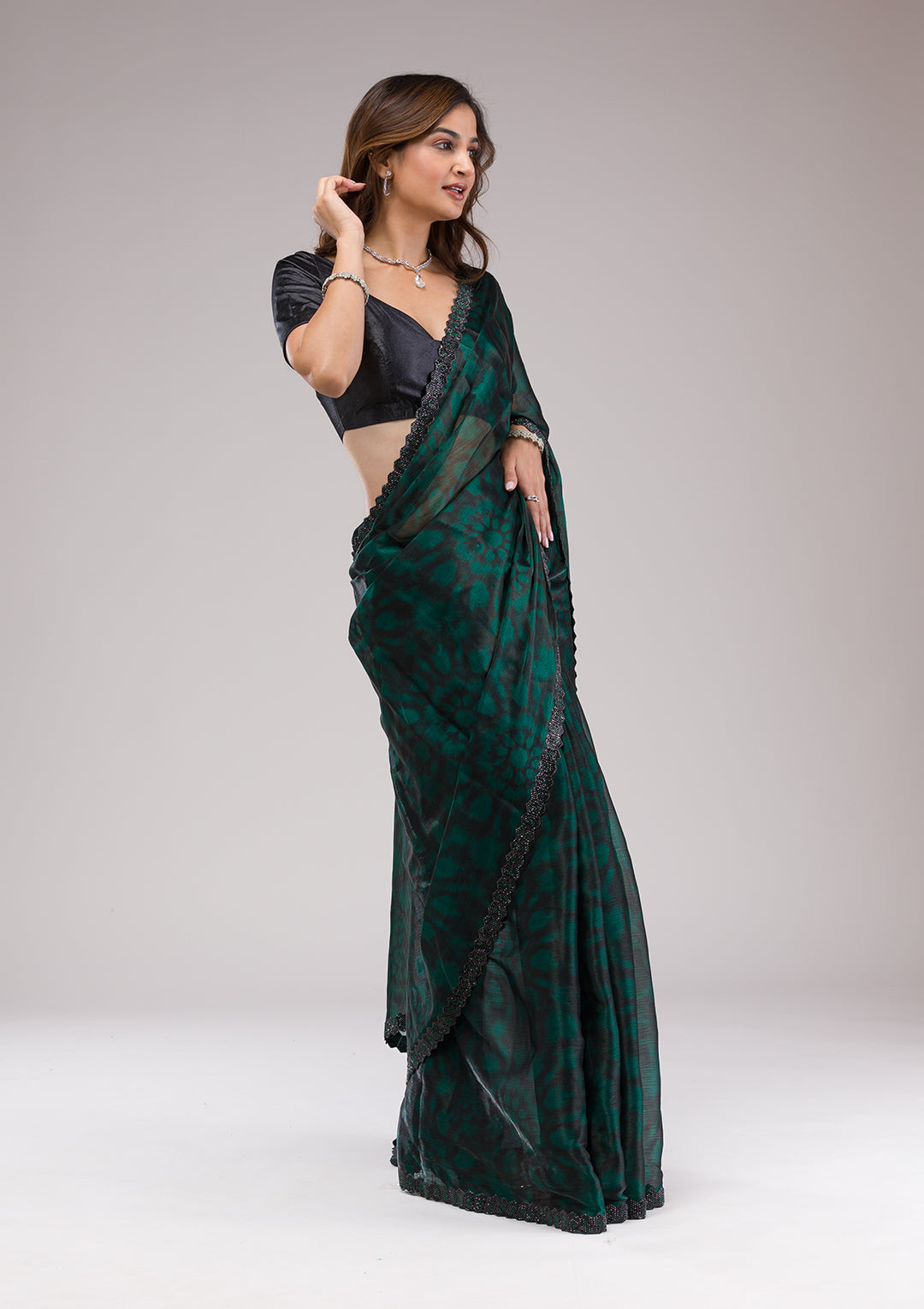 Rama Green Printed Organza Saree