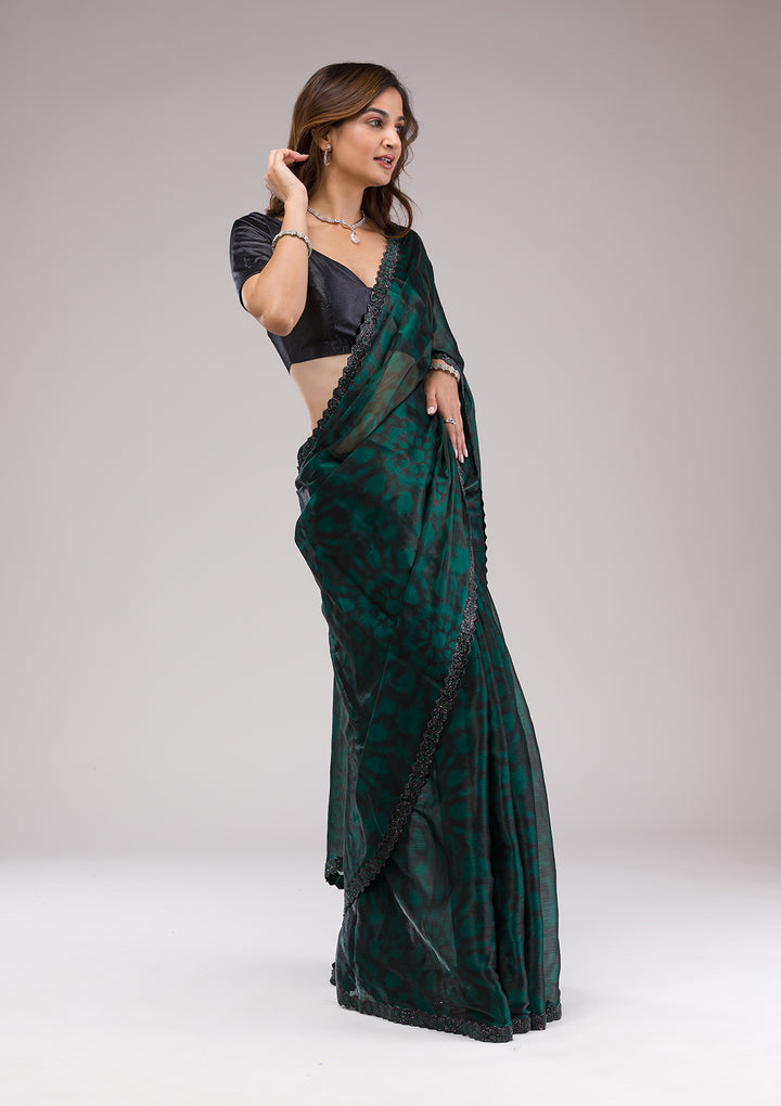 Rama Green Printed Organza Saree