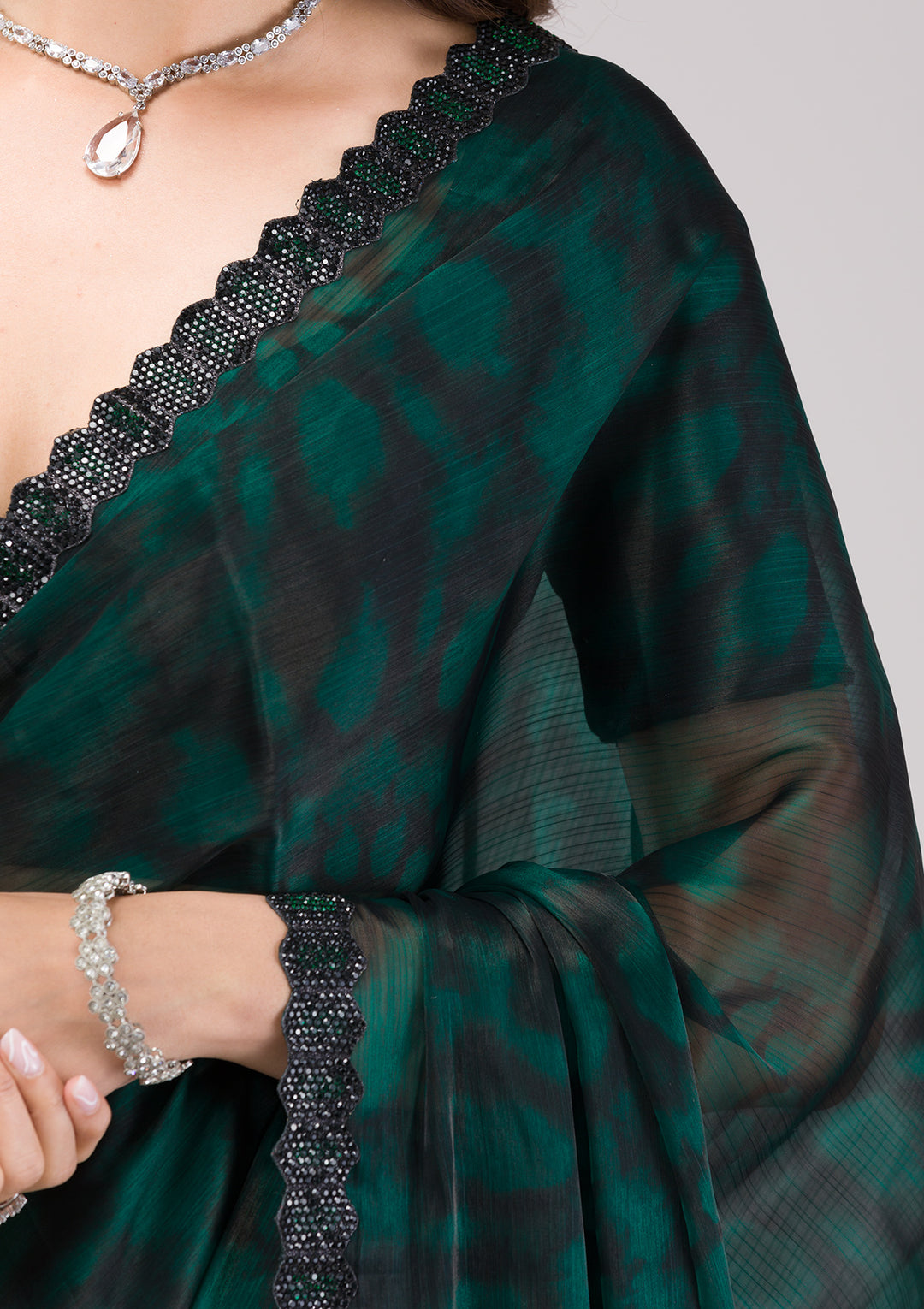 Rama Green Printed Organza Saree