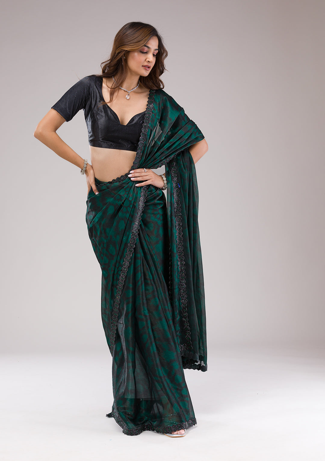 Rama Green Printed Organza Saree