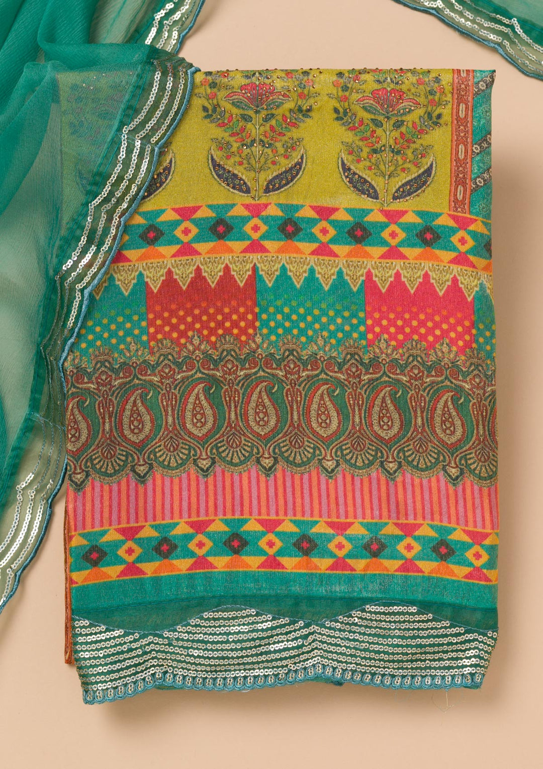 Rama Green Printed Tissue Unstitched Salwar Suit