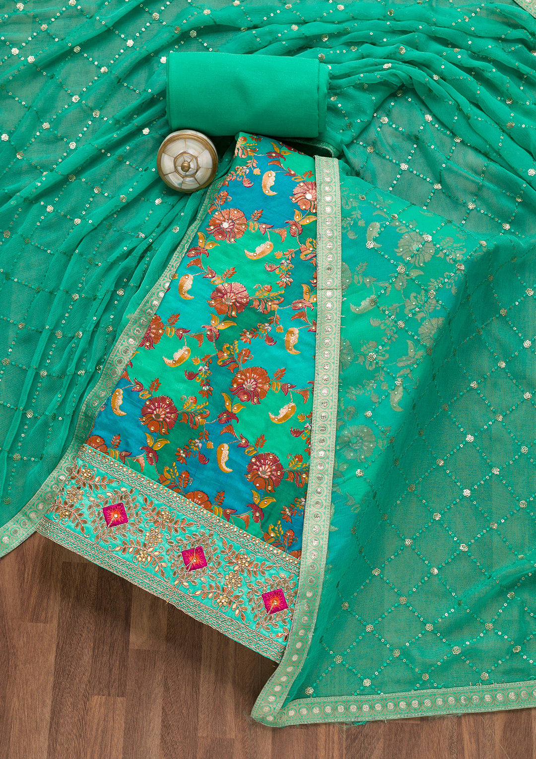 Rama Green Stonework Banarasi Silk Unstitched Salwar Suit