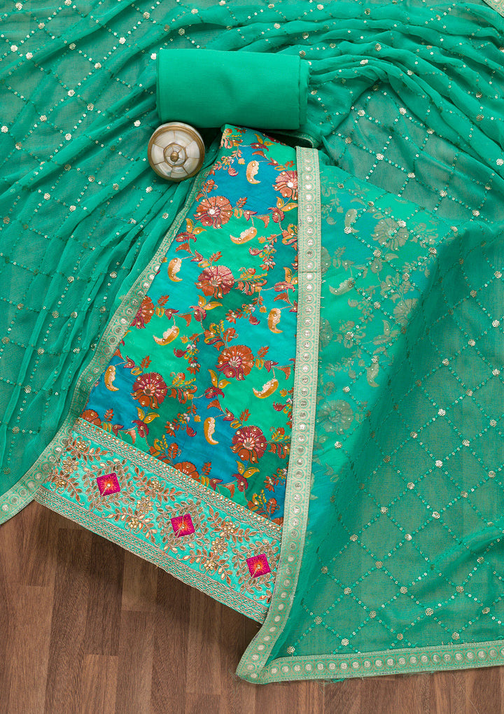 Rama Green Stonework Banarasi Silk Unstitched Salwar Suit