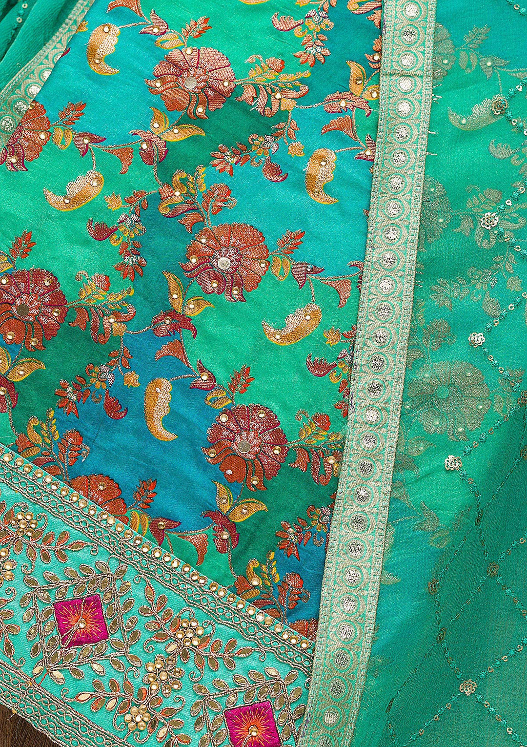 Rama Green Stonework Banarasi Silk Unstitched Salwar Suit