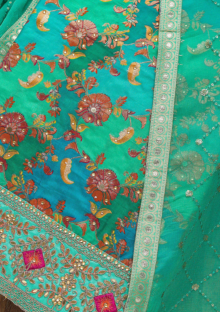 Rama Green Stonework Banarasi Silk Unstitched Salwar Suit