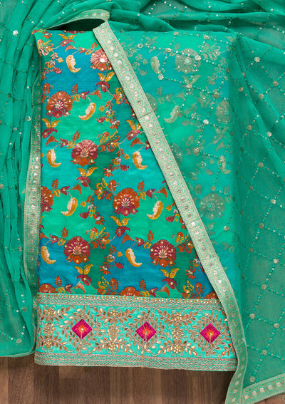 Rama Green Stonework Banarasi Silk Unstitched Salwar Suit