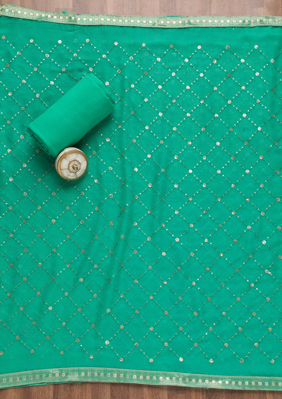 Rama Green Stonework Banarasi Silk Unstitched Salwar Suit