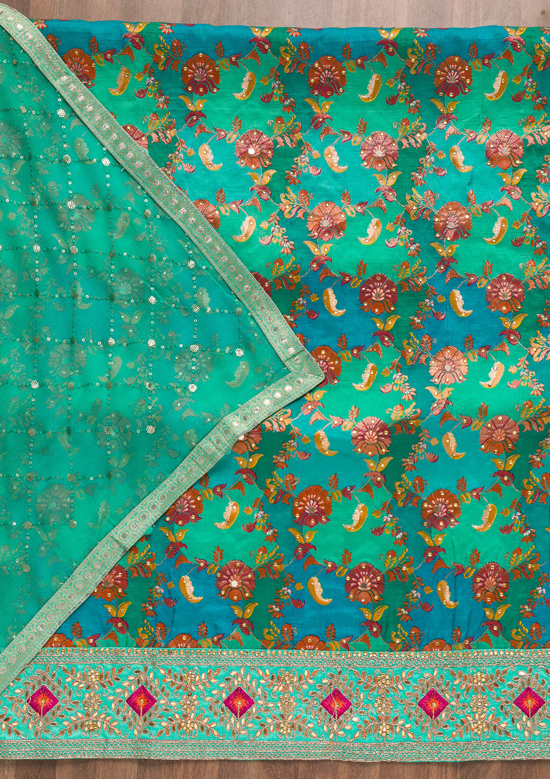 Rama Green Stonework Banarasi Silk Unstitched Salwar Suit