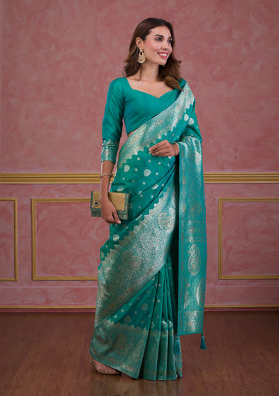 Rama Green Swarovski Brocade Saree-Koskii