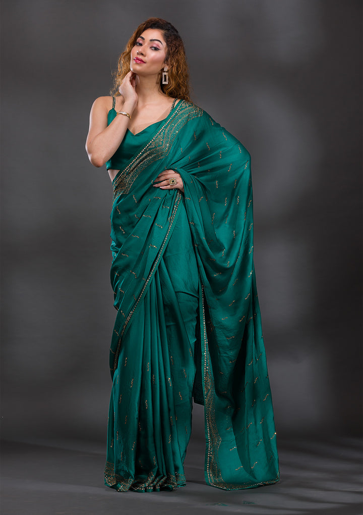 Rama Green Swarovski Satin Saree-Koskii