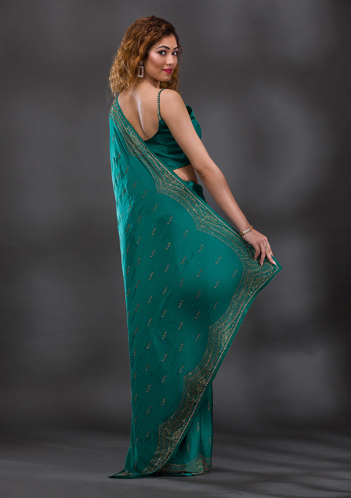 Rama Green Swarovski Satin Saree