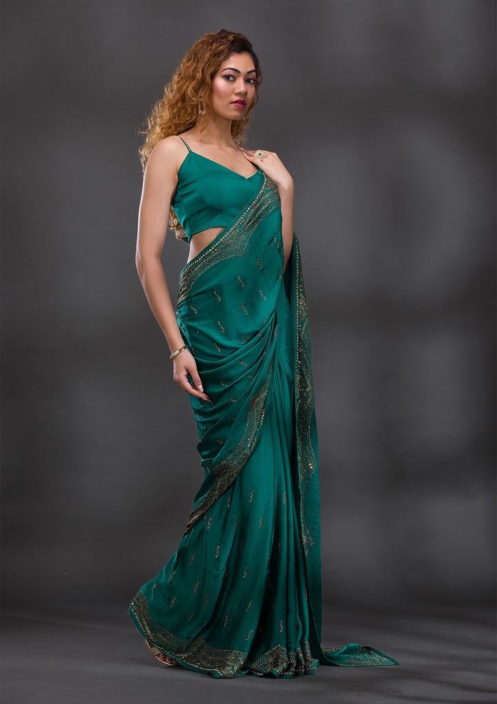 Rama Green Swarovski Satin Saree