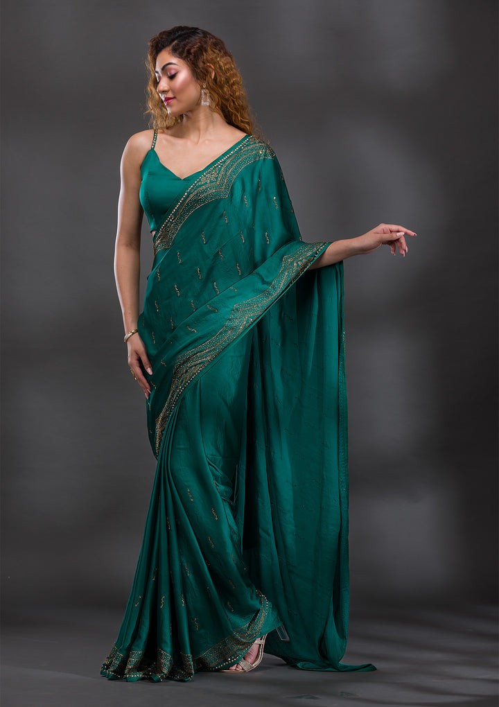 Rama Green Swarovski Satin Saree