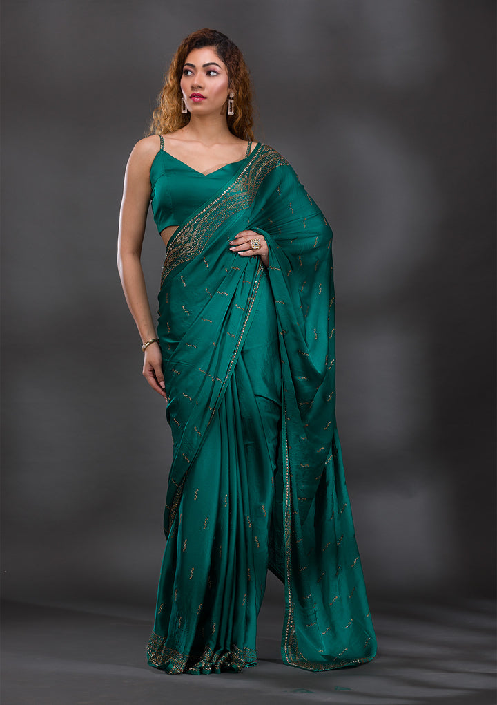 Rama Green Swarovski Satin Saree