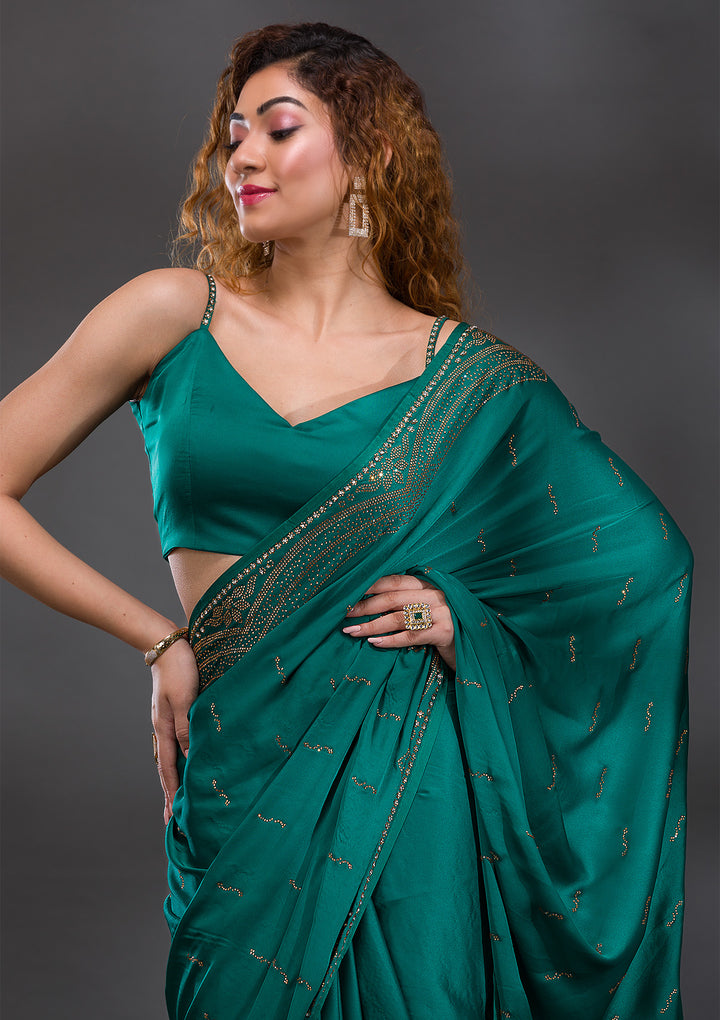 Rama Green Swarovski Satin Saree