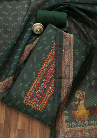Rama Green Threadwork Chanderi Unstitched Salwar Suit-Koskii