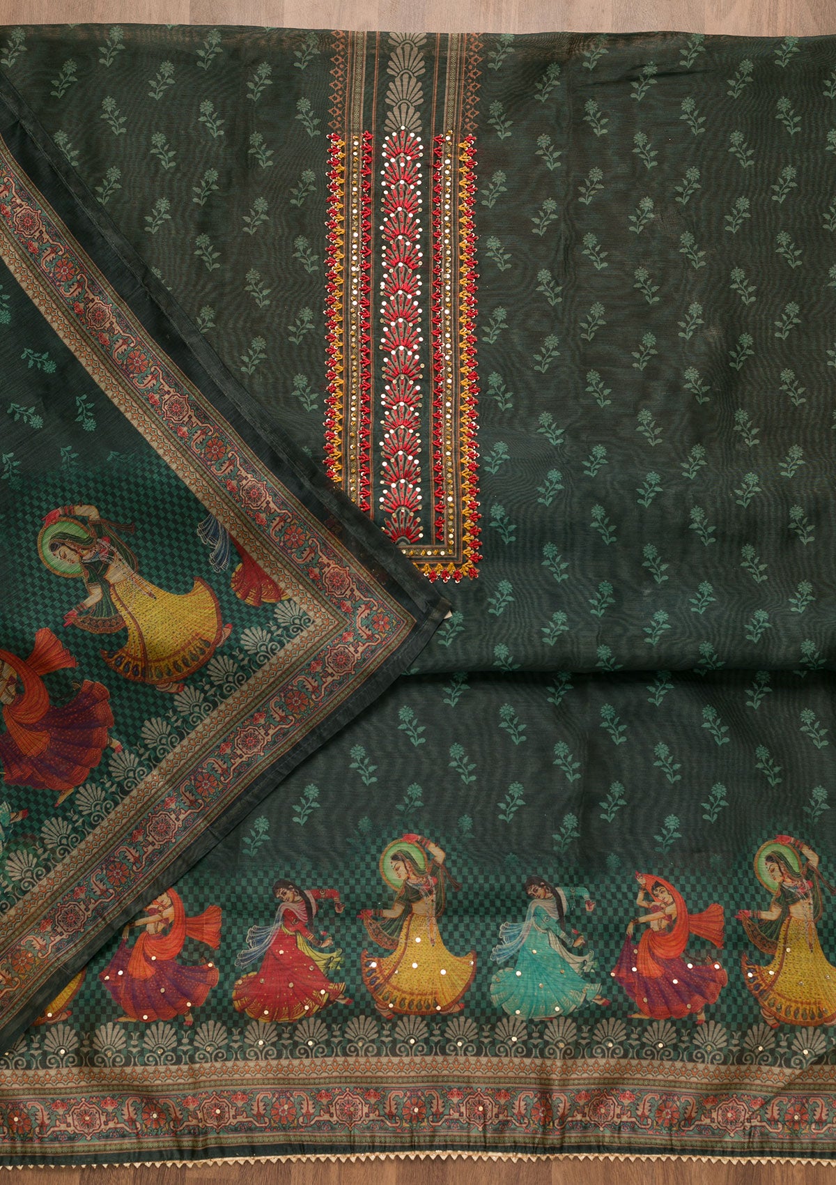 Rama Green Threadwork Chanderi Unstitched Salwar Suit