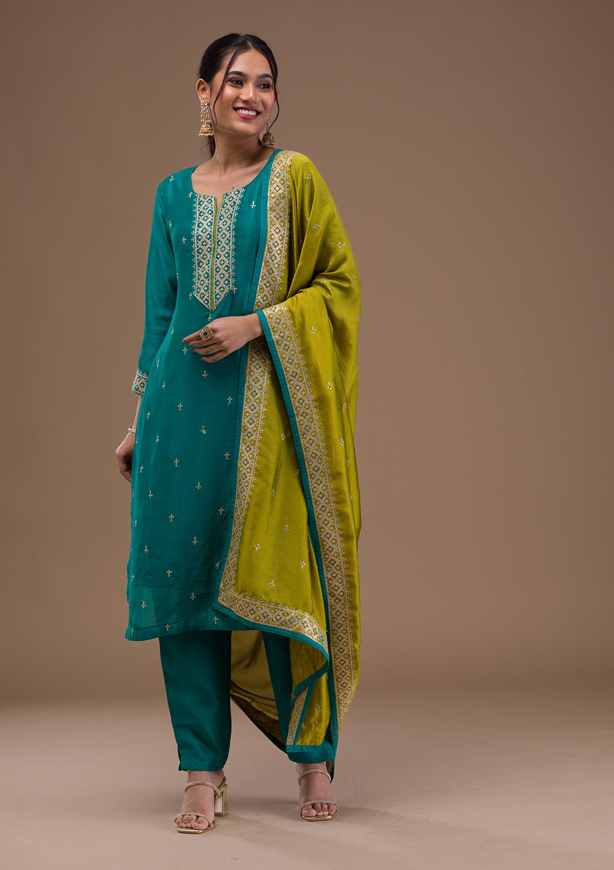 Rama Green Threadwork Rawsilk Readymade Salwar Suit