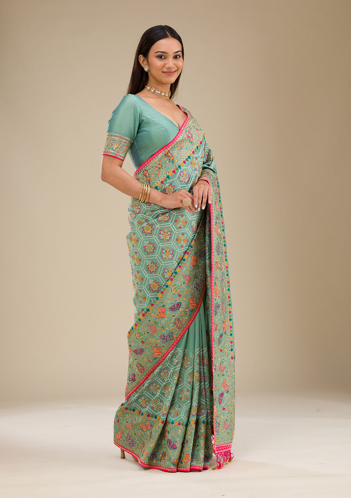 Rama Green Threadwork Soft Silk Saree