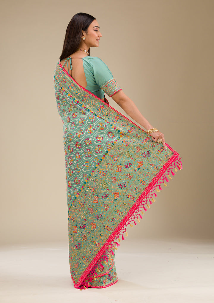 Rama Green Threadwork Soft Silk Saree