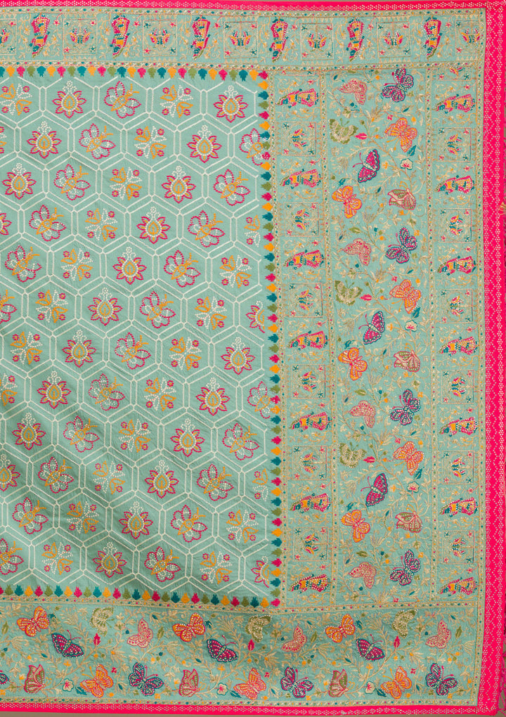 Rama Green Threadwork Soft Silk Saree