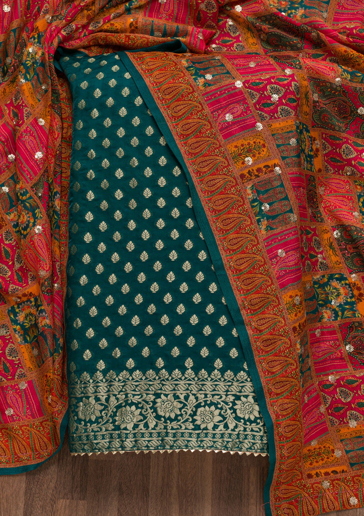 Rama Green Zariwork Banarasi Unstitched Salwar Suit