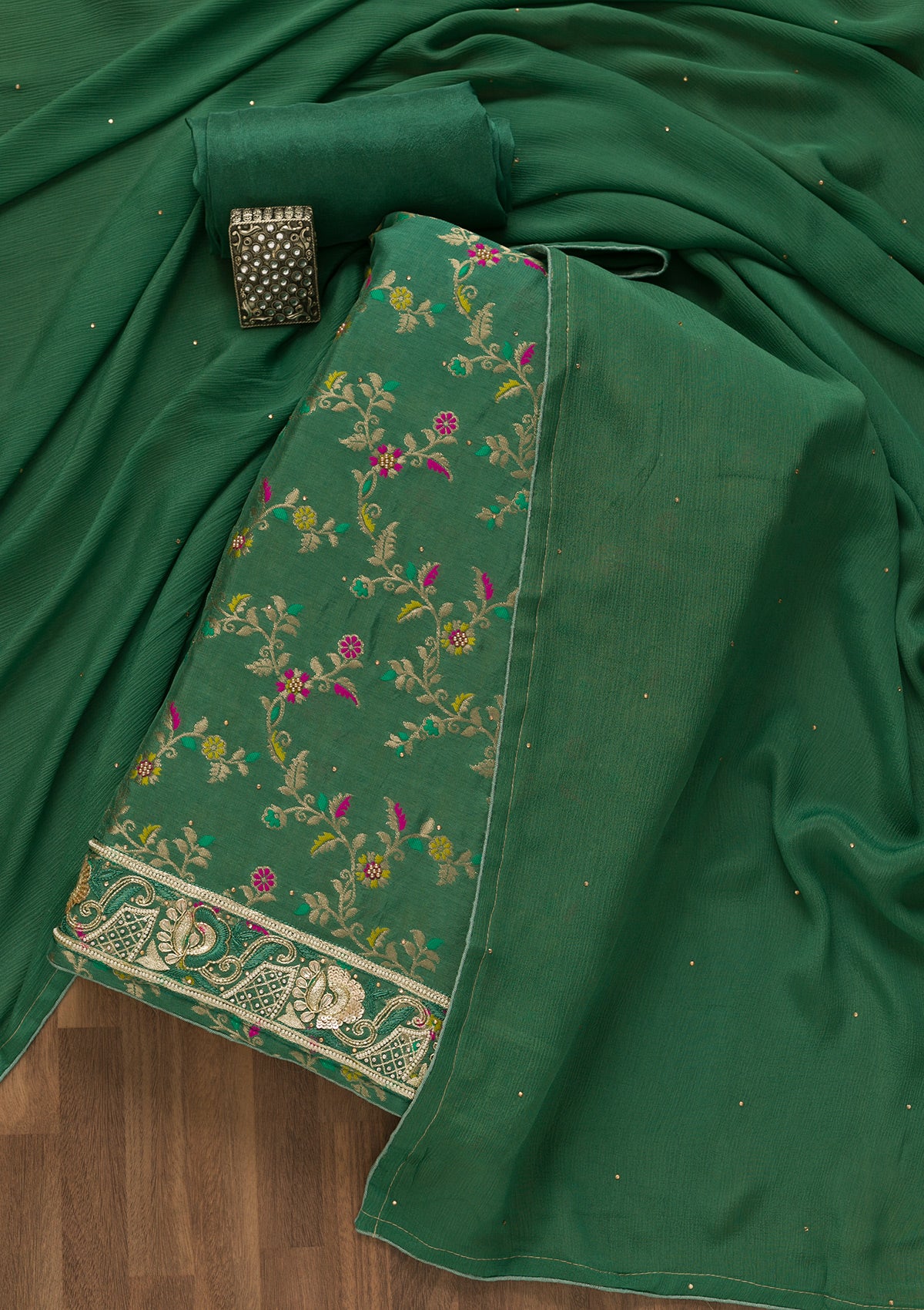 Rama Green Printed Brocade Unstitched Salwar Suit-Koskii
