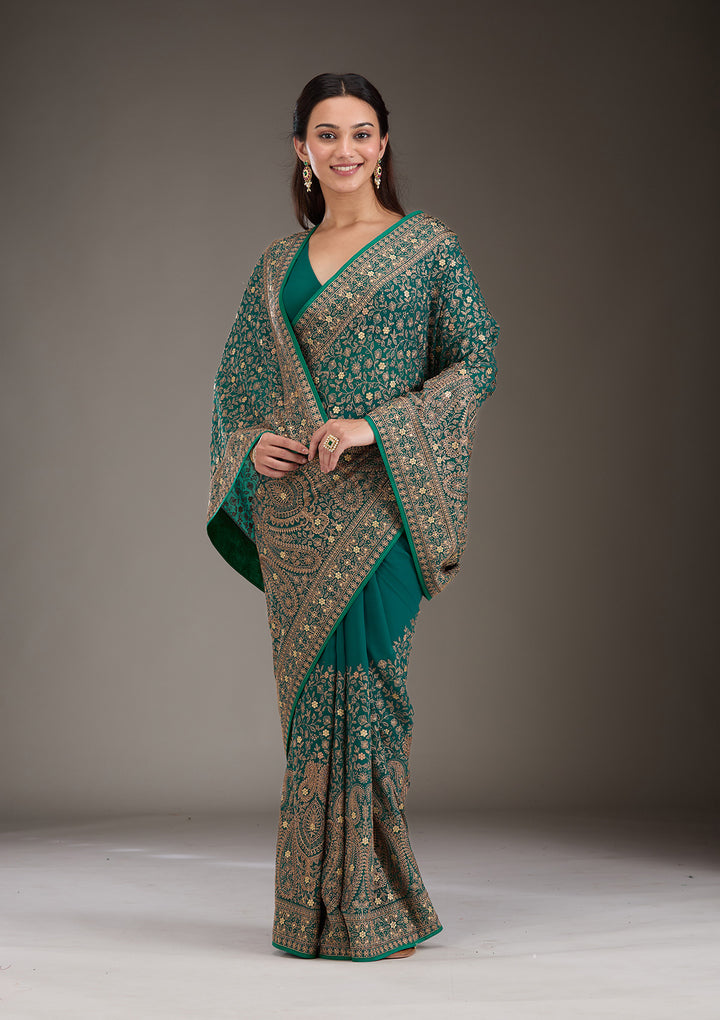 Rama Green Zariwork Georgette Saree