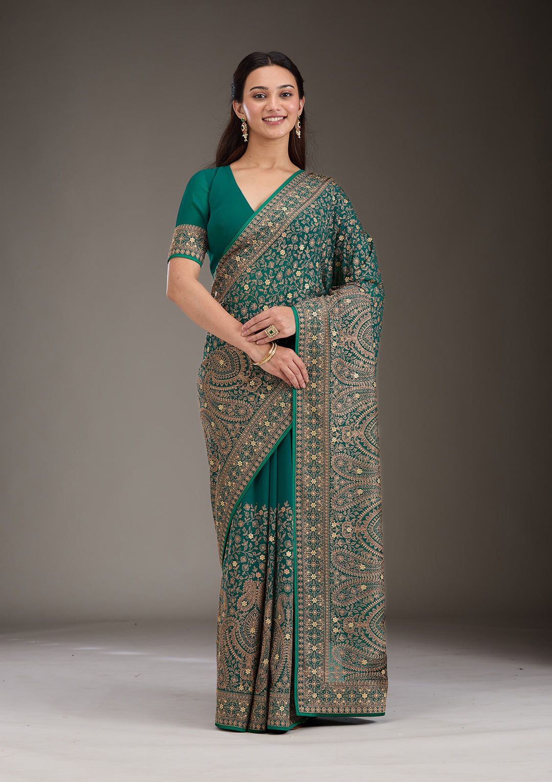 Rama Green Zariwork Georgette Saree