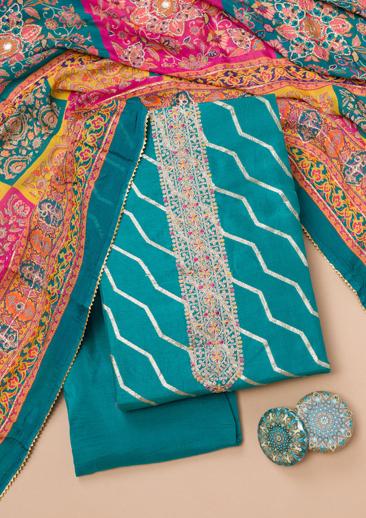 Rama Green Zariwork Semi Crepe Unstitched Salwar Suit
