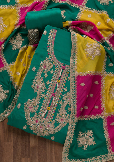 Rama Green Zariwork Semi Crepe Unstitched Salwar Suit