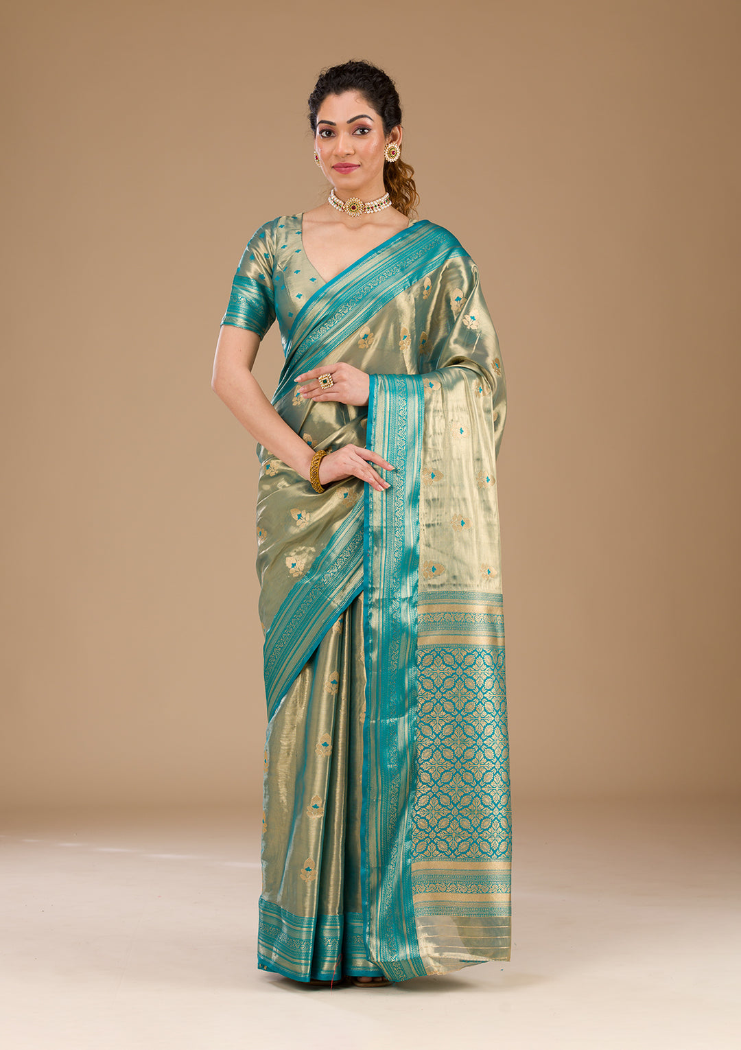 Rama Green Zariwork Tissue Saree-Koskii