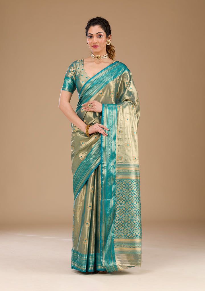 Rama Green Zariwork Tissue Saree-Koskii