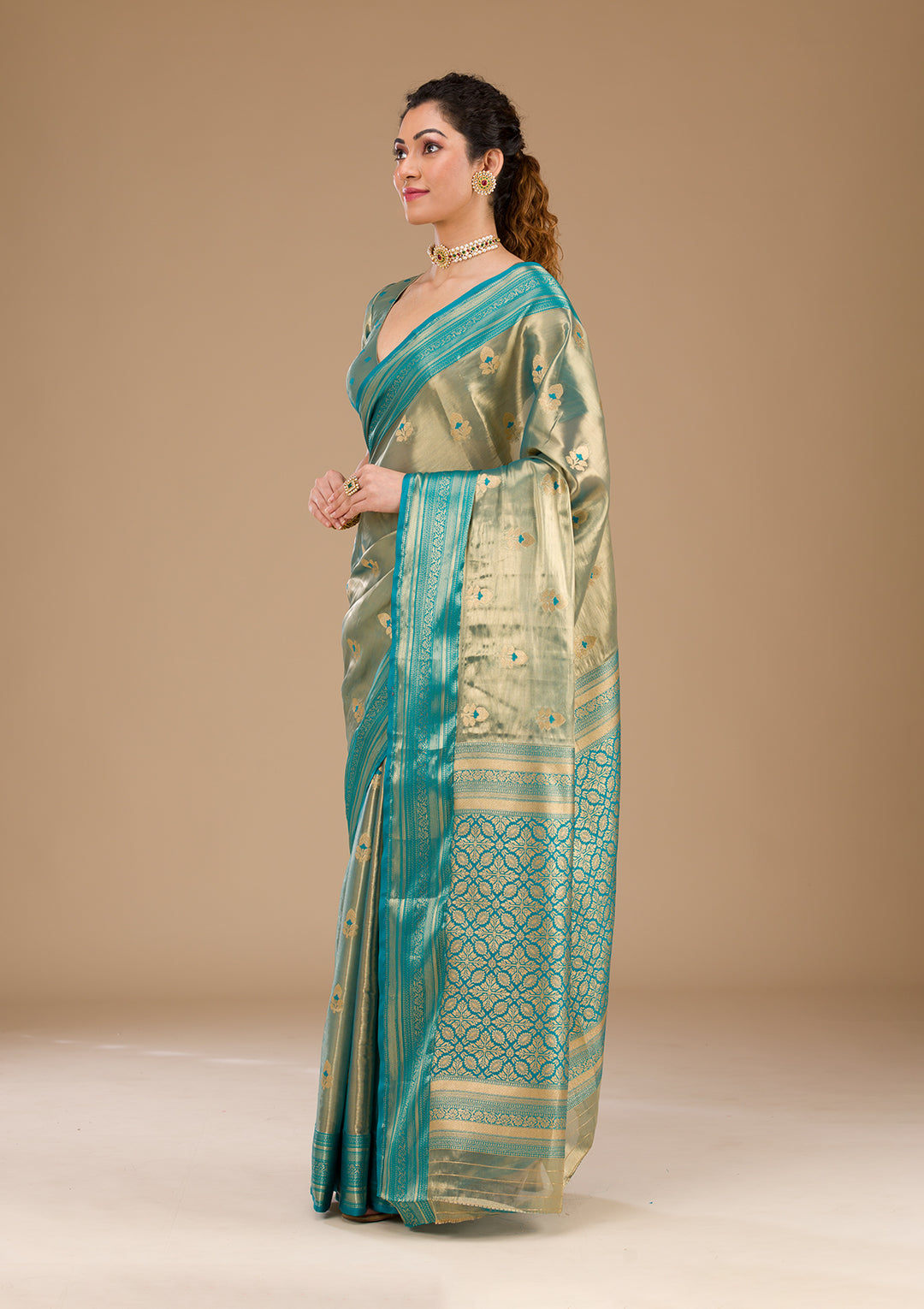 Rama Green Zariwork Tissue Saree-Koskii