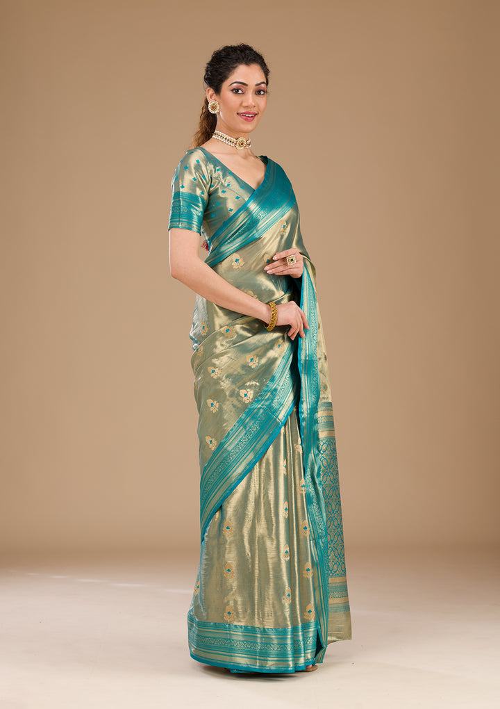 Rama Green Zariwork Tissue Saree-Koskii