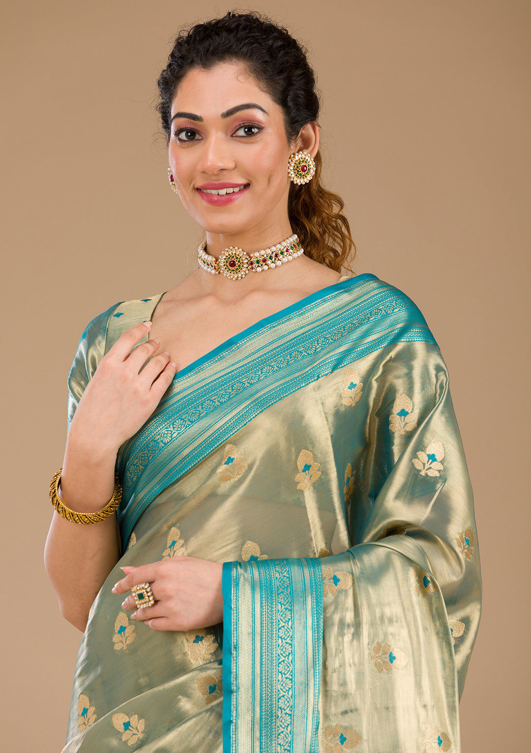 Rama Green Zariwork Tissue Saree-Koskii