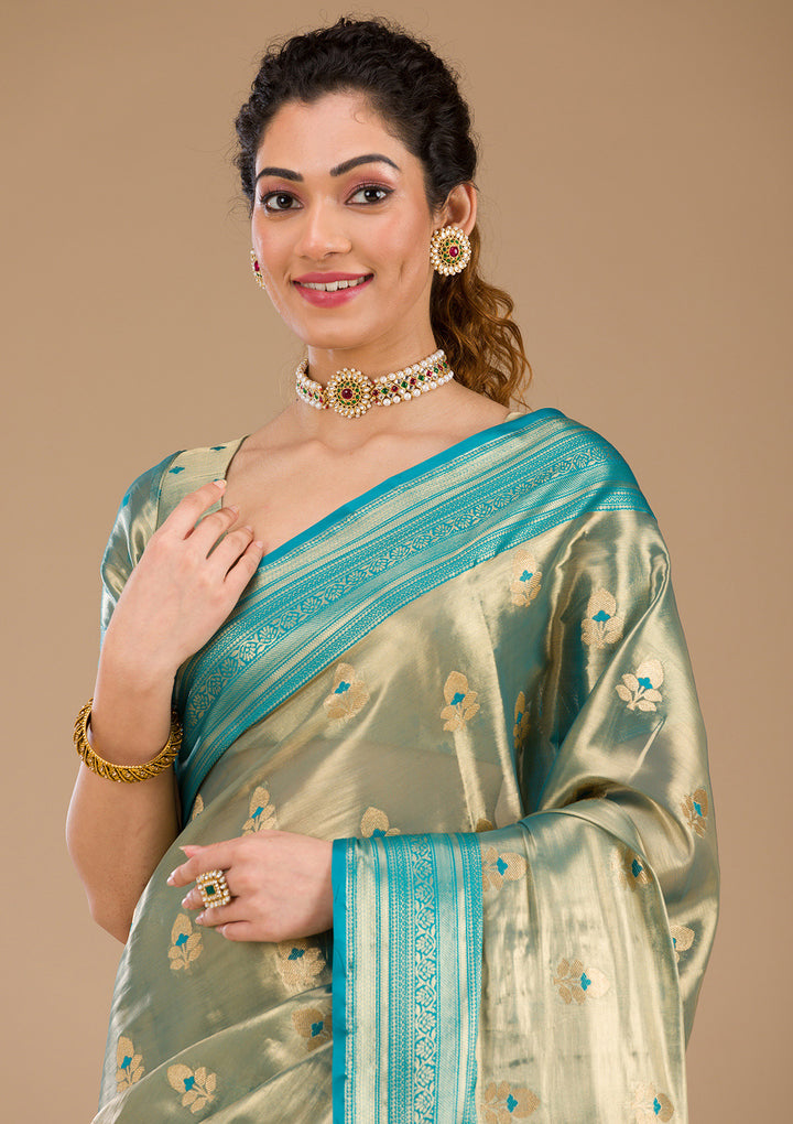 Rama Green Zariwork Tissue Saree-Koskii