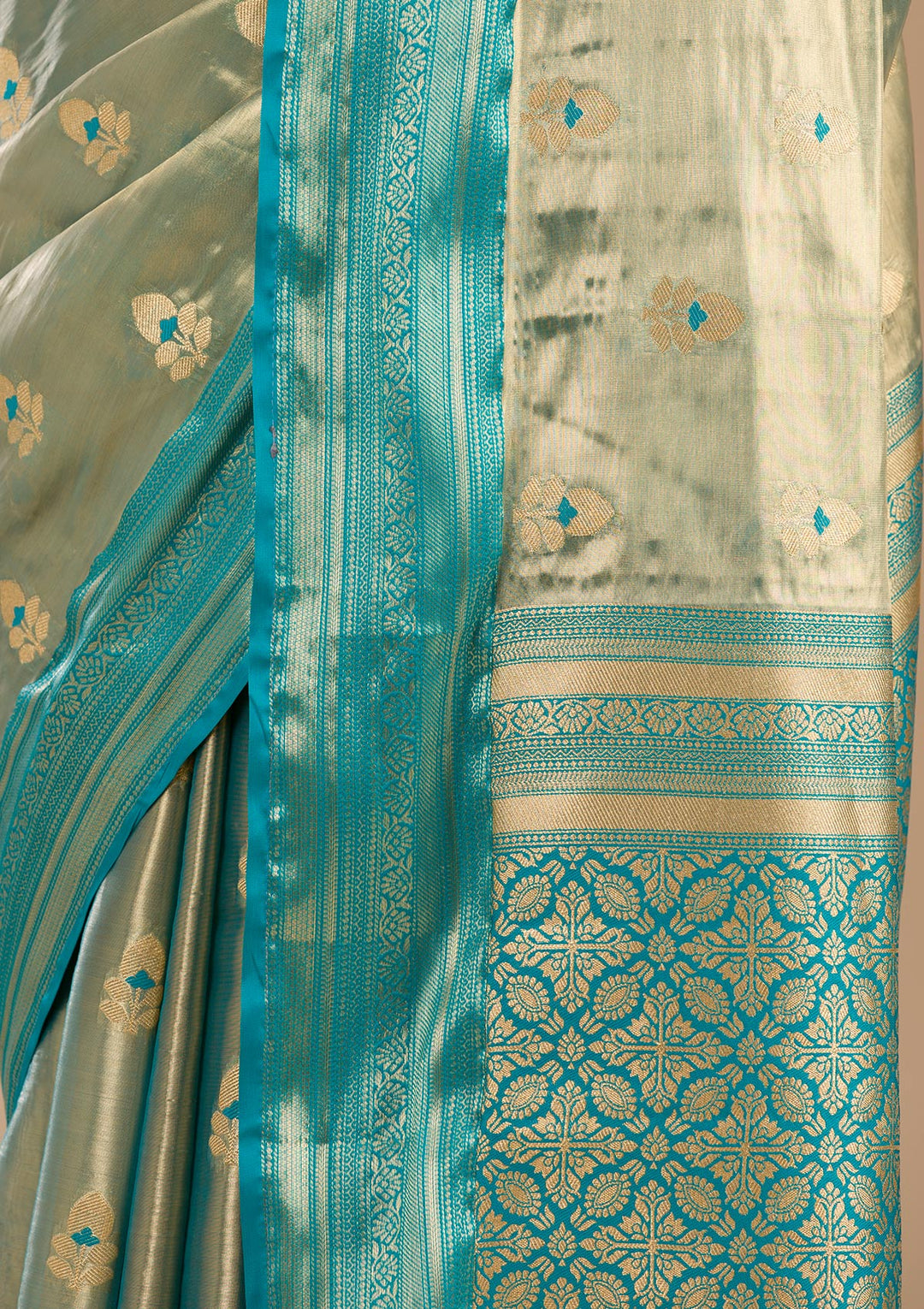 Rama Green Zariwork Tissue Saree-Koskii