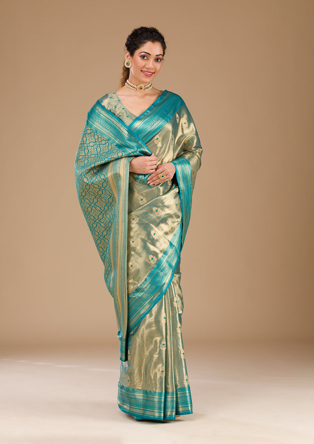 Rama Green Zariwork Tissue Saree-Koskii